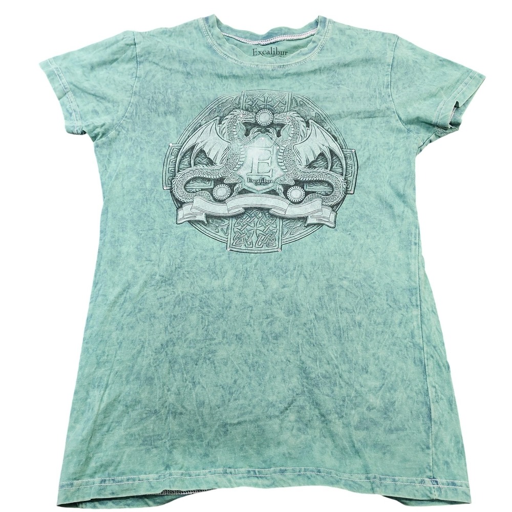 Excalibur Shirt Womens L Green Dragon Crest Rhinestone Las Vegas Graphic Tee Top